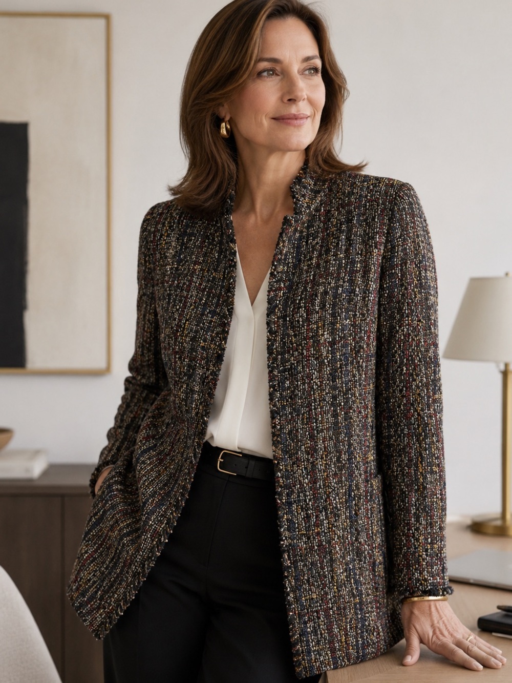 J. McLaughlin Walden Black Multicolored Tweed Midi Blazer Classic Old Money S